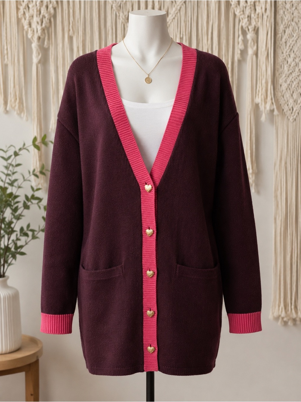 Talbots Cardigan Sweater Women’s Medium Plum Pink Contrast Button Front Long